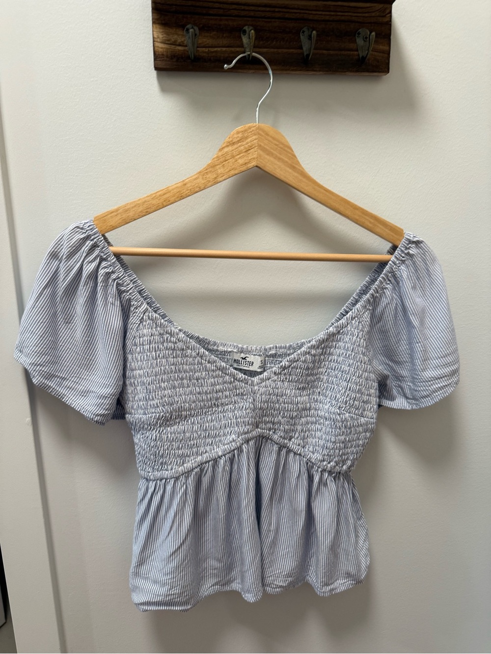 Hollister Light Blue and White Striped Smocked Peplum Blouse